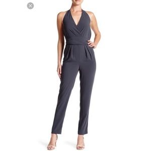 Navy striped tie bow palazzo jumpsuit Clearance